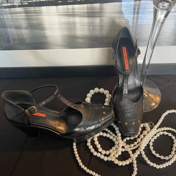 NEW VIA SPIGA VFrap BLK Leather Bambi Block Heels - Picture 10 of 14